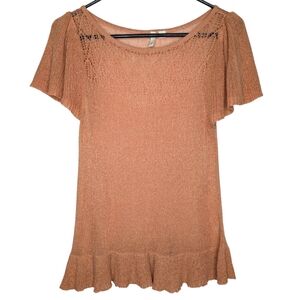 Frenchi Mesh Scoop Neck Ruffled Peach Orange Short Sleeve Blouse Size Medium